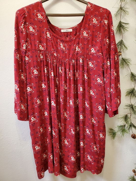 NATURAL LIFE Dresses & Skirts - NATURAL LIFE Maroon Floral Reese Boho Smocked Tunic Mini Dress